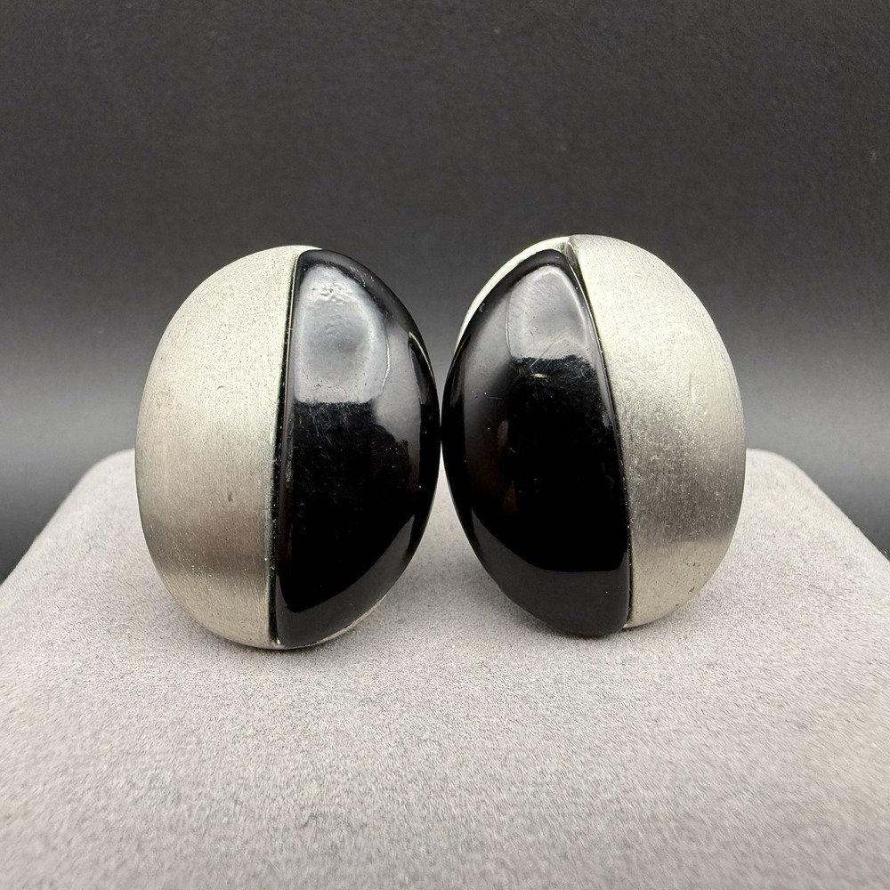Vintage Black Resin & Brushed Silver Tone Clip On Earrings Mid Century Statement